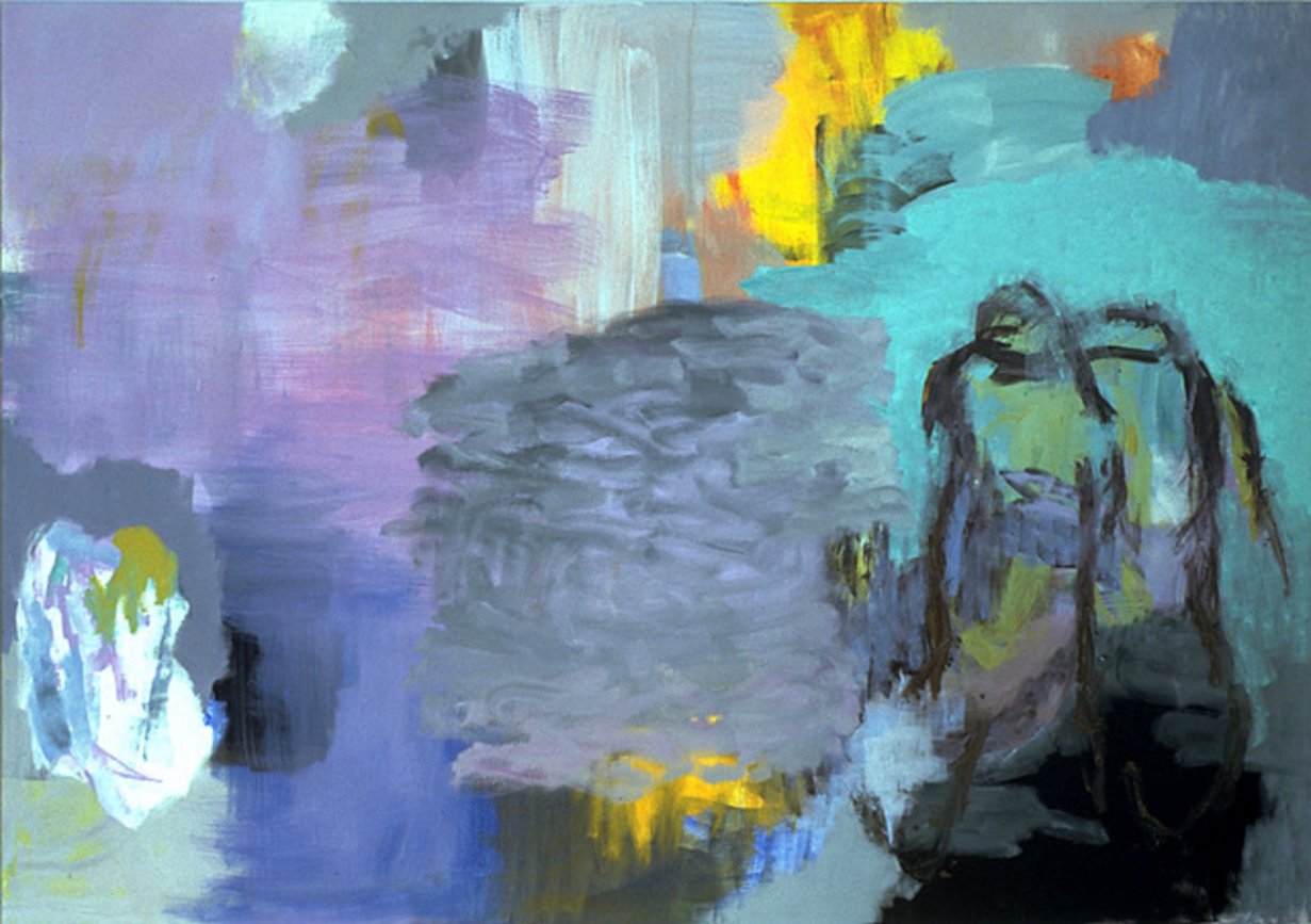 Ein buntes, abstraktes Gemälde in Blau, Schwarz, Violett und Gelb.