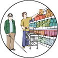 Grafik eines Mannes, der einem Bilden beim Einkauf hilft