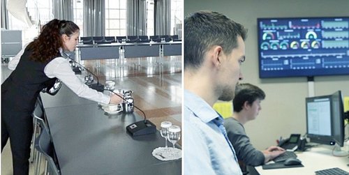 Eine Frau sitzt am Schreibtisch und bekommt eine Arbeitsmappe, Eine junge Bedienung deckt Konferenztische ein, junge Männer sitzen vor den Computern