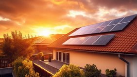 Solardachkataster Haus mit Photovoltaikanlage mit Sonneuntergang im Hintergrund