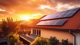 Haus mit Photovoltaikanlage mit Sonneuntergang im Hintergrund