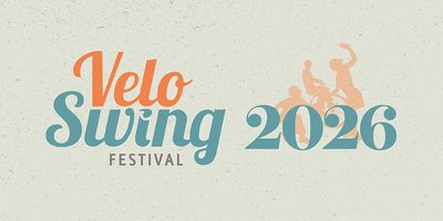 Stilisierter Schriftzug Velo Swing Festival mit Hochrad und Tänzern im Hintergrund