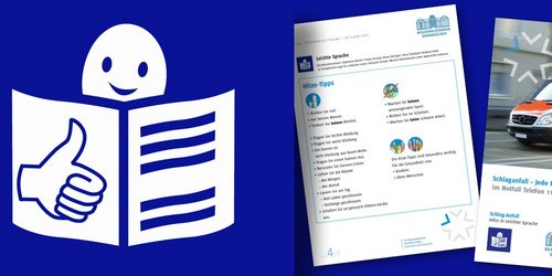 Das Logo der Leichten Sprache auf blauem Grund und daneben Flyer des Regionalverbandes in Leichter Sprache