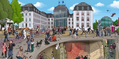 Wimmelbild Saarbrücker Schloss Gezeichnetes Wimmelbild vom Saarbrücker Schloss mit Schlossplatz und Blick in die Kasematten des Historischen Museums Saar