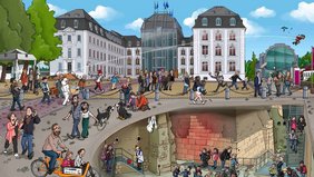 Gezeichnetes Wimmelbild vom Saarbrücker Schloss mit Schlossplatz und Blick in die Kasematten des Historischen Museums Saar