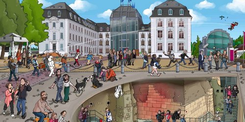 Gezeichnetes Wimmelbild vom Saarbrücker Schloss mit Schlossplatz und Blick in die Kasematten des Historischen Museums Saar
