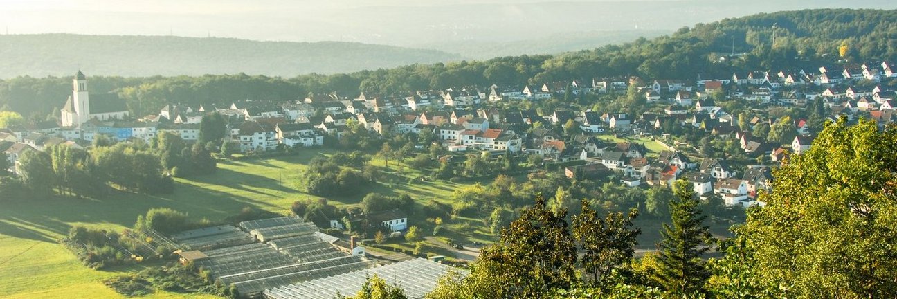Blick ins Tal mit kleinem Dorf und Gewächshaus.