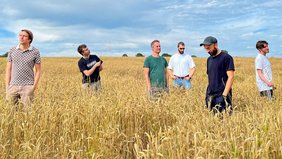 Die fünf Mitglieder von fugeefilms inmitten eines Kornfeldes