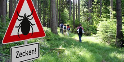 Ein Schild "Achtung Zecken" im Wald mit Wanderen