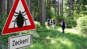 Ein Schild "Achtung Zecken" im Wald mit Wanderen