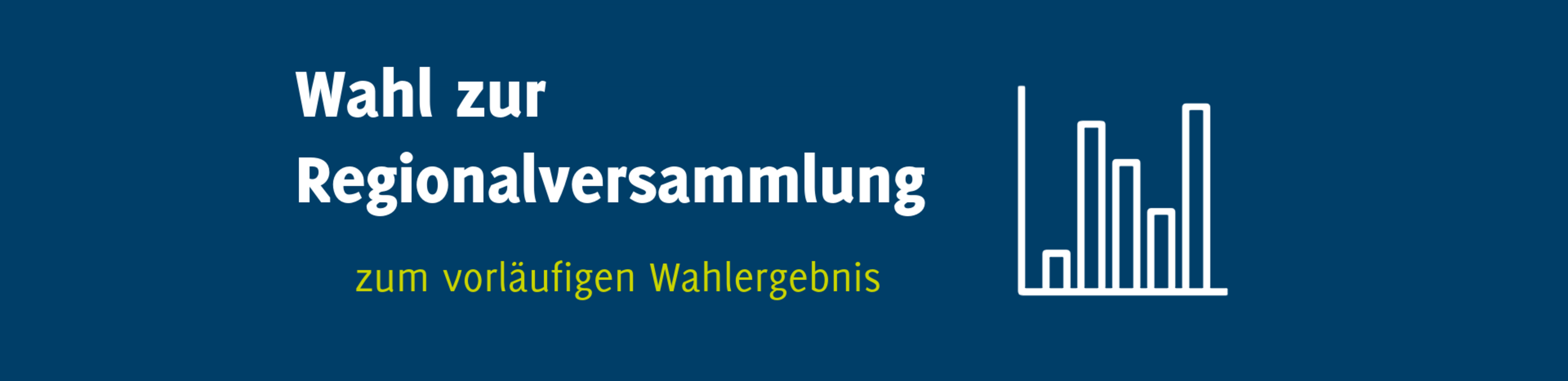 Blauer Hintergrund mit graphischer Hand, die einen Wahlzettel in die Wahlöurne wirft. Darauf der Text: Vorläufiges Wahlergebnis der Wahl der Regionalversammlung