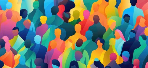 Schematisch als bunte Flächen und Umrisse dargestellte Menschen