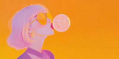 Das Bild zeigt eine Frau mit Sonnenbrille, die mit einem Kaugummi eine Blase bläst.