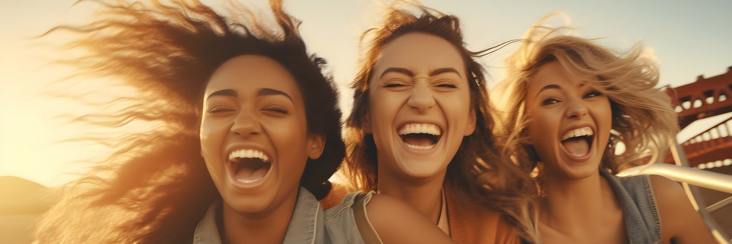 Three teenage girls laughing on a rollercoaster ride