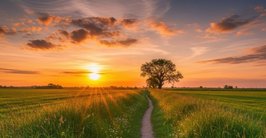 Pfad zwischen grüner üppiger Wiese in einen Sonnenuntergang und einem Baum an der Seite.