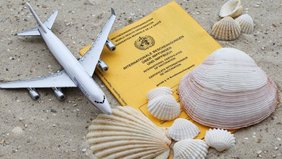 Impfschutz in fernen Ländern Impfpass am Strand mit Muscheln