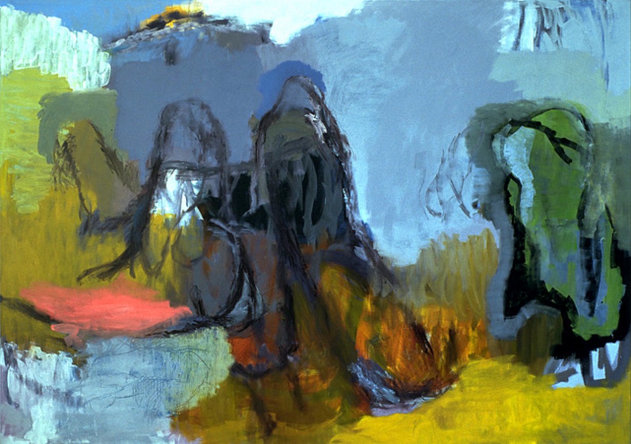 Ein buntes, abstraktes Gemälde in Blau, Schwarz, Orange, Gelb, Grün und Rosa.