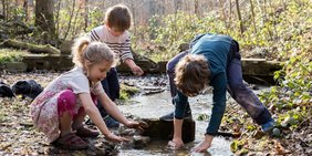 3 Kinder an einem Bachlauf im Wald