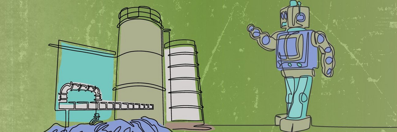 Eine schematische Zeichnung einer Industrieanlage und eines Roboters auf grünem Grund
