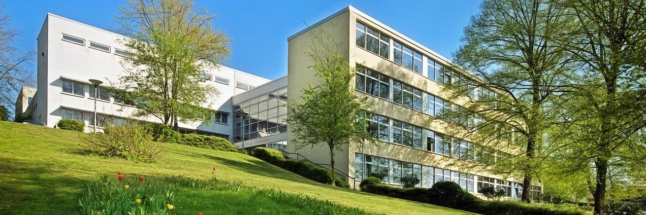 Schulgebäude des Theodor Heuss Gymnasium inmitten einer großen grünen Wiese