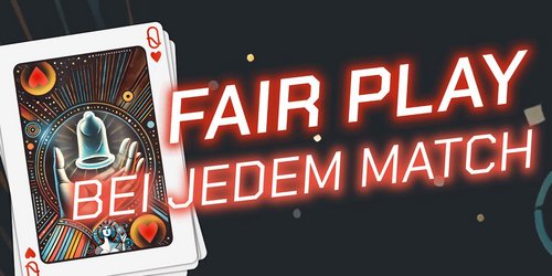 Grafik mit einem Stapel Spielkarten, oben die Herz-Dame, deren Motiv eine stilisierte Hand zeigt, die ein Kondom hält. Rechts daneben steht in leuchtend roter Schrift der Slogan „Fair Play bei jedem Match“. Der Hintergrund ist dunkel mit abstrakten Linien und Kreisen in warmen Farben, die an ein modernes, dynamisches Design erinnern.