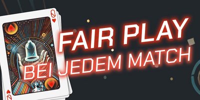 Grafik mit einem Stapel Spielkarten, oben die Herz-Dame, deren Motiv eine stilisierte Hand zeigt, die ein Kondom hält. Rechts daneben steht in leuchtend roter Schrift der Slogan „Fair Play bei jedem Match“. Der Hintergrund ist dunkel mit abstrakten Linien und Kreisen in warmen Farben, die an ein modernes, dynamisches Design erinnern.
