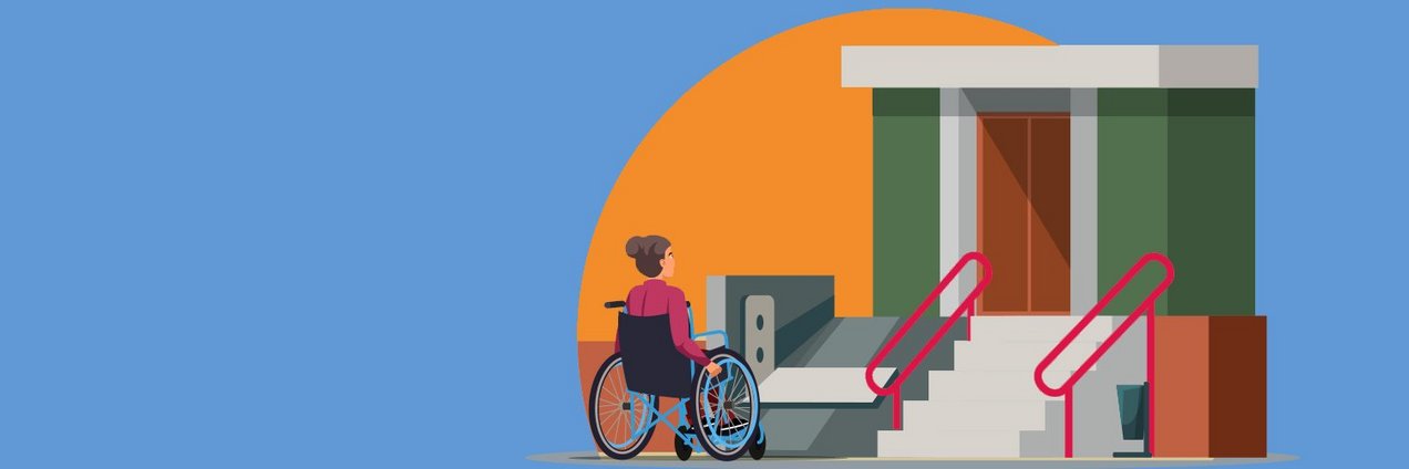 Grafische Darstellung einer Frau im Rollstuhl vor einer Treppe. Daneben eine Rampe für den Rollstuhl.