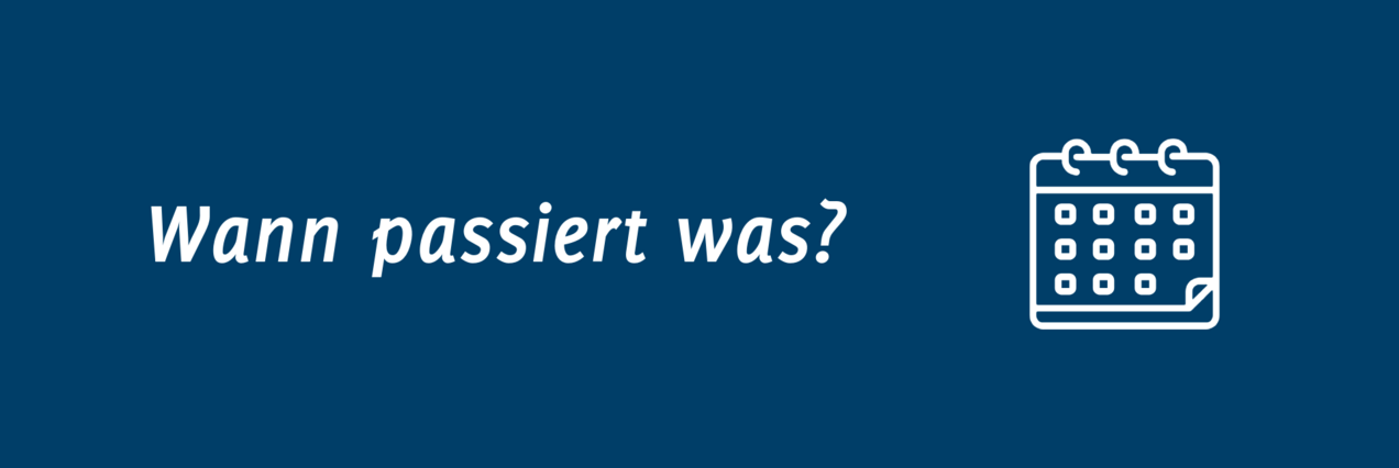 Das Bild zeigt einen stilisierten Wandkalender. Daneben steht geschrieben: "Wann passiert was?".