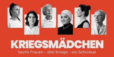Die Gesichter von sechs Frauen aus dem Film Kriegsmädchen ind schwarz-weiß auf rotem Grund. Darunter der Filmtitel Kriegsmädchen. Sechs Frauen - drei Kriege - ein Schicksal.