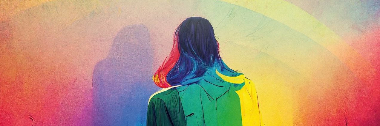 Gezeichnete Frau von hinten mit buntem Regenbogen