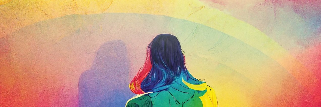 Frau mit buntem Regenbogen Gezeichnete Frau von hinten mit buntem Regenbogen