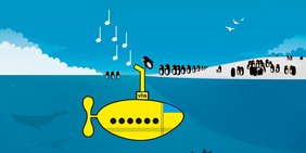 Ein gezeichnetes gelbes U-Boot unter Eisbergen und Eisschollen, auf denen Pinguine stehen