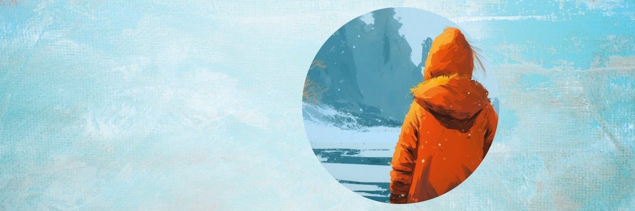 Veranstaltungen Frauenbüro Herbst/Winter 2023 Eine Person in einer orange Winterjacke vor einer steilen Klippe in einer winterlichen Landschaft