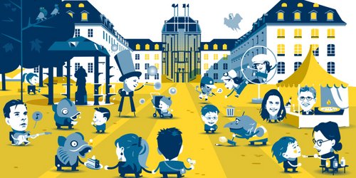 Eine Zeichnung vom Schloss mit Persoen auf dem Schlossplatz und vielen Akteuern des Schlossgartenfestes