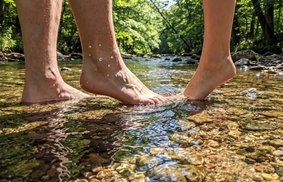 Close-up of bare feet stepping into a clear forest stream on a warm summer day