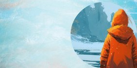 Eine Person in einer orange Winterjacke vor einer steilen Klippe in einer winterlichen Landschaft