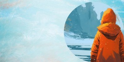 Eine Person in einer orange Winterjacke vor einer steilen Klippe in einer winterlichen Landschaft