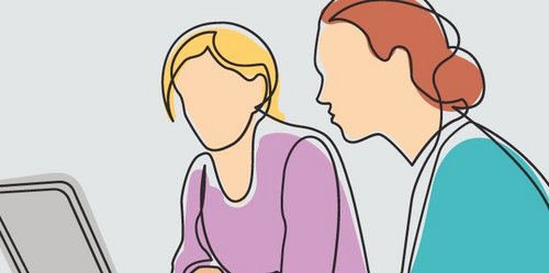 Zwei Frauen am Laptop und ein bunter Farbklecks.