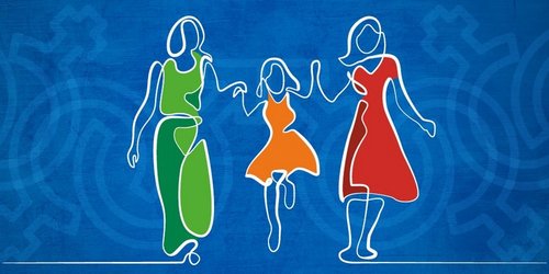 Silhouetten von zwei gezeichneten Frauen und einem Mädchen hüpfen fröhlich.