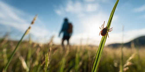 Person in Wiese davor ein Grashalm mit einer Zecke im Makro