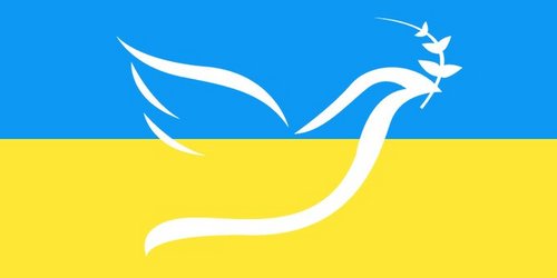 Die Flagge der Ukraine mit einer symbolischen Friedenstaube darauf