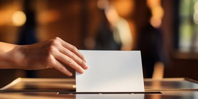 Hand einer jungen Frau die einen Stimmzettel in eine Wahlurne wirft. 