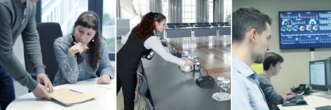 Arbeitgeber Eine Frau sitzt am Schreibtisch und bekommt eine Arbeitsmappe, Eine junge Bedienung deckt Konferenztische ein, junge Männer sitzen vor den Computern