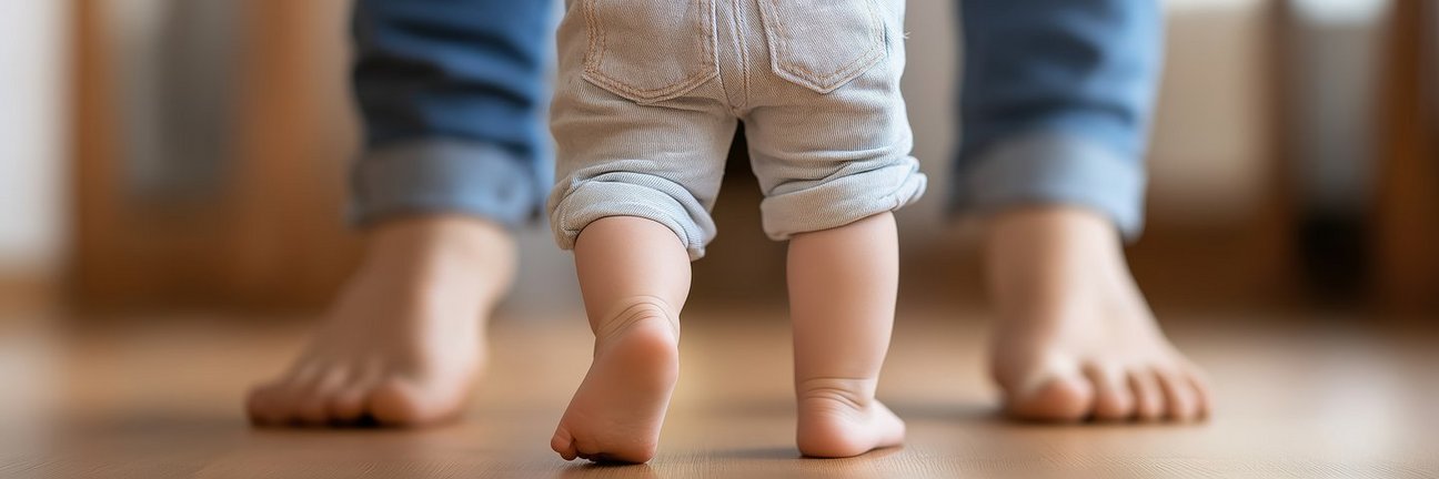 Tiny Steps, Giant Strides: A baby takes their first steps, tiny feet padding across the warm wooden floor, guided by the loving presence of a parent.