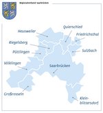 Karte der Kommunen im Regionalverband Das Bild zeigt eine Karte mit den Mitgliedskommunen des Regionalverband Saarbrückens.