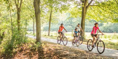 Eine Familie (zwei Erwachsene und zwei Kinder) auf Mountainbikes, die auf dem Köllertalradweg fahren - mitten im Wald.