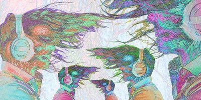 gezeichnete Köpfe mit wehenden Haaren die Musik über Kopfhörer hörern