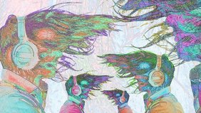 gezeichnete Köpfe mit wehenden Haaren die Musik über Kopfhörer hörern
