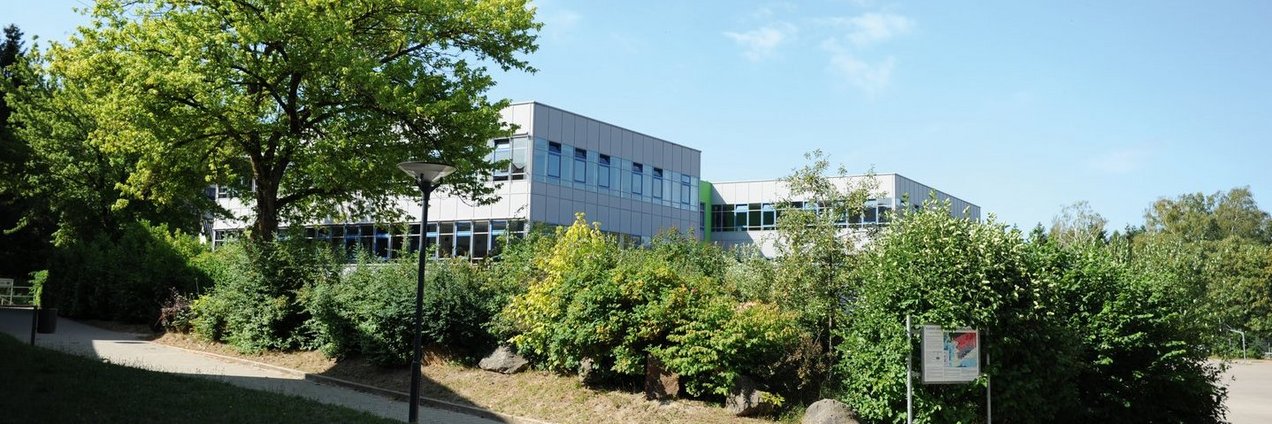 Schulgebäude der Gemeinschaftsschule Dudweiler inmitten vieler Bäume und Sträucher