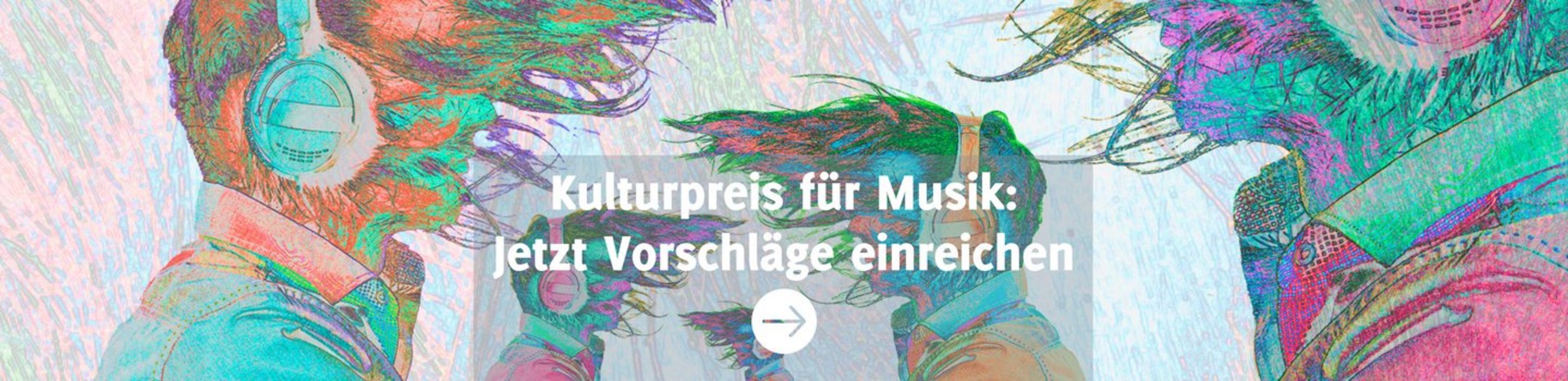 gezeichnete Köpfe mit wehenden Haaren die Musik über Kopfhörer hörern